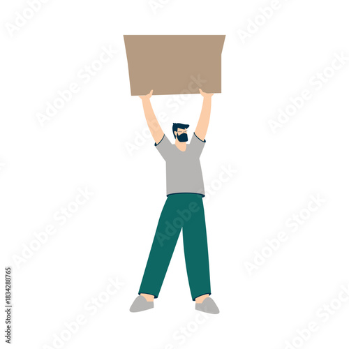 Man Character Protesting in Street with Banner Participate in Riot Vector Illustration