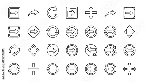 A collection of line art icons representing various directional and circular arrow symbols.
