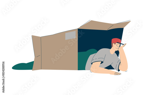 Homeless Man Character in Cardboard Box Live in Street in Poverty as Social Problem Vector Illustration