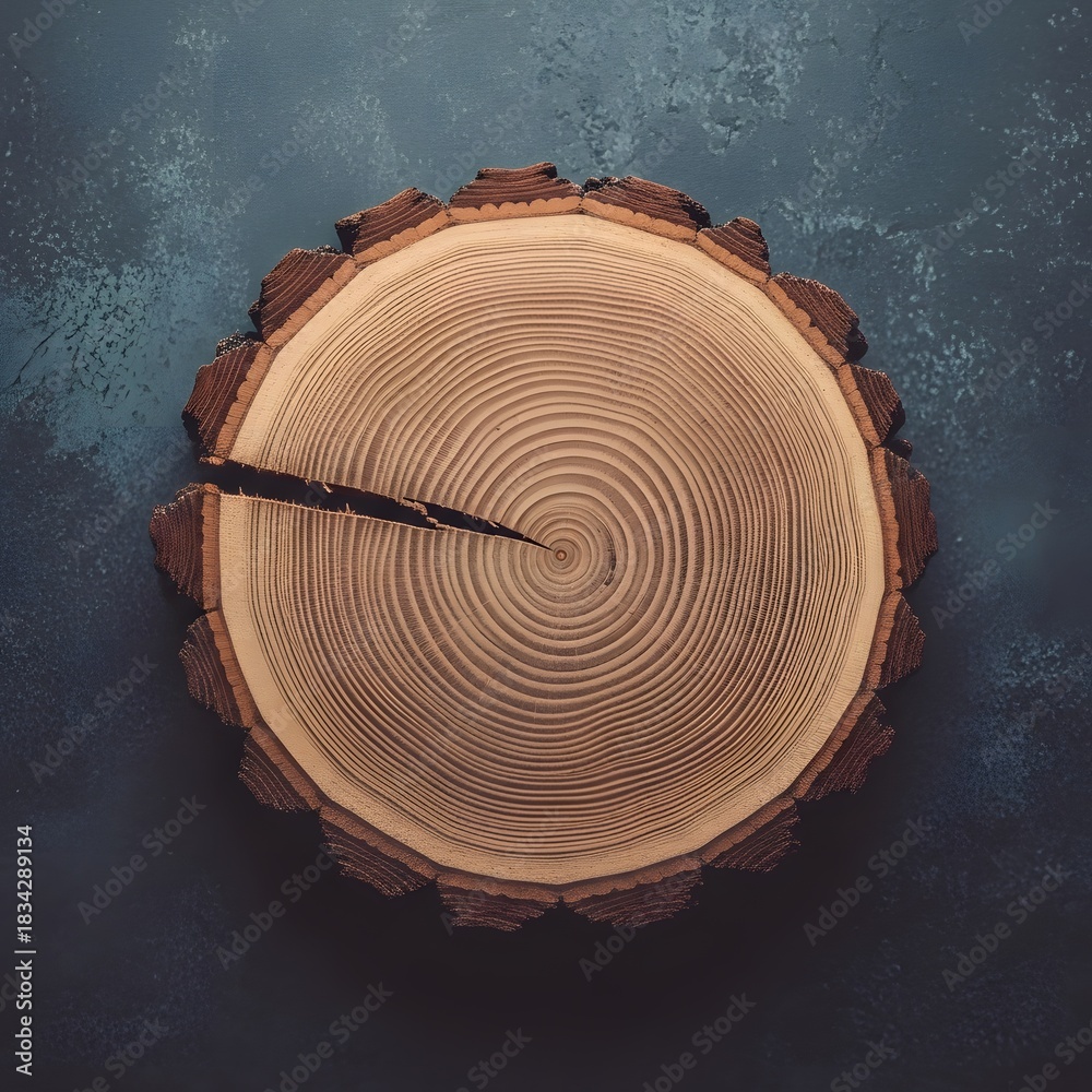 Fototapeta premium Wood slice on dark textured background showing tree rings and crack