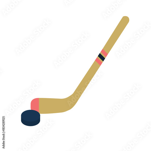 A hockey stick with a puck in a flat style on a white background. Ideal for children's sports projects and web icons. Vector graphics.