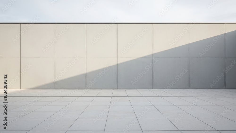 Obraz premium Modern architectural facade with dramatic shadow play on a clear day