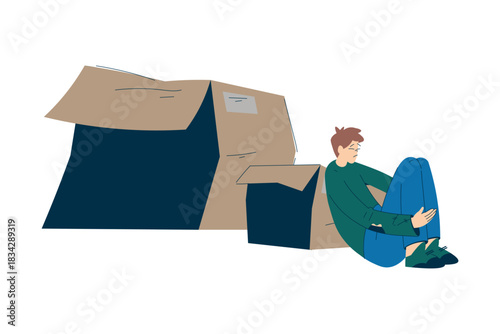 Homeless Man Character in Cardboard Box Live in Street in Poverty as Social Problem Vector Illustration