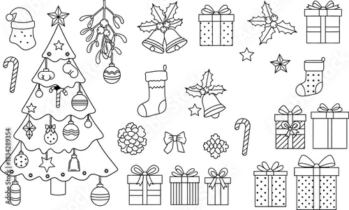 Merry santa claus bust cartoon character waving and carrying a huge sack of christmas gifts, black and white outline vector illustration for coloring.