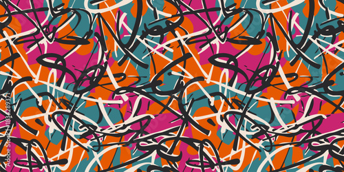 Graffiti seamless pattern. Urban art sport style texture with paint strokes, splashes, lines, tags. Abstract modern vector funky background. Orange, green, pink colors. Repeated Y2K nostalgic design