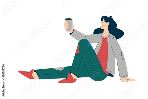 Homeless Woman Character Beg for Money Live in Street in Poverty as Social Problem Vector Illustration