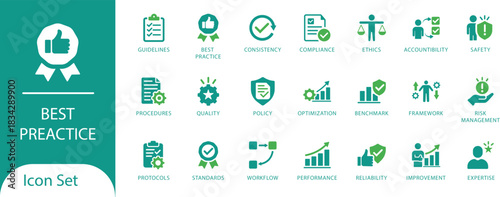  Modern Business Best Practices And Corporate Compliance Icon Set