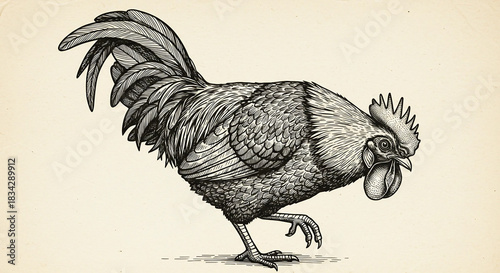 Trendy bird art, vintage wildlife print, hand-drawn chicken in engraving style, black sketch design.