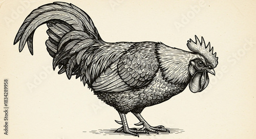 Trendy bird art, vintage wildlife print, hand-drawn chicken in engraving style, black sketch design.
