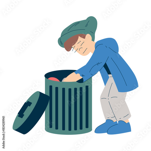 Homeless Boy Kid at Trash Bin in the Street Vector Illustration