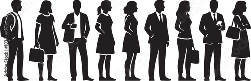 Queue of People Waiting Silhouettes isolated on white background