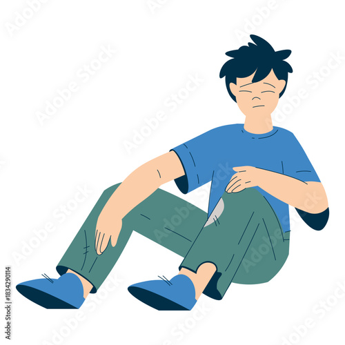 Homeless Boy Kid Sit on the Ground in the Street Vector Illustration