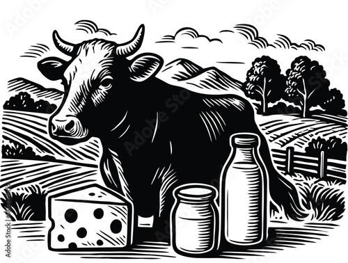 Hand drawn illustration of a cow with cheese, milk, and cream.
