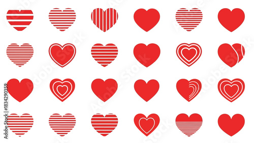 A collection of red heart shapes with various striped and solid patterns.