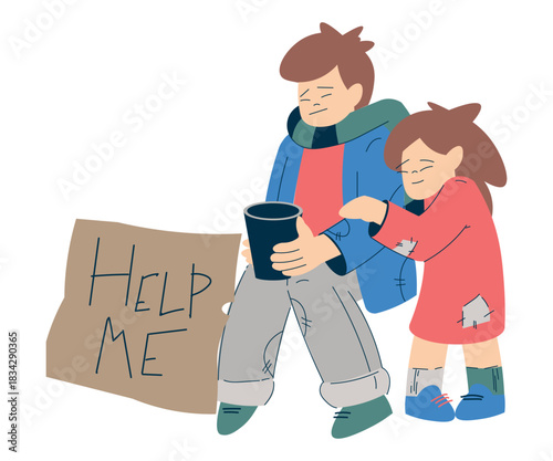 Homeless Boy and Girl Kid Beg for Money in the Street Vector Illustration
