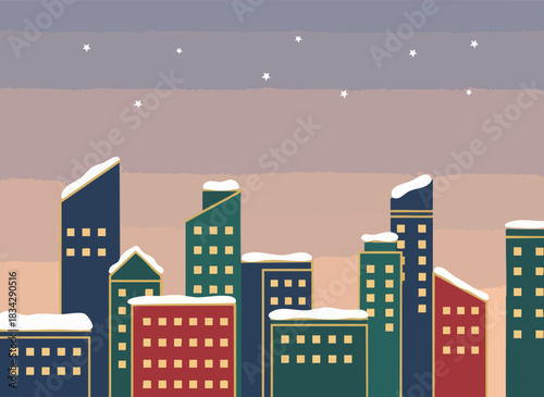 Modern City Skyline Covered in Snow During Winter.