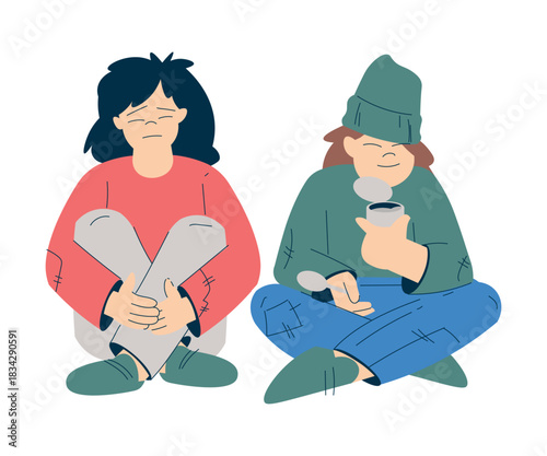 Homeless Boy and Girl Kid Beg for Money in the Street Vector Illustration