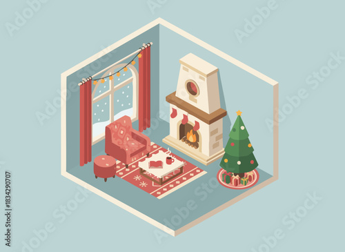Cozy Isometric Living Room with Christmas Tree and Fireplace.