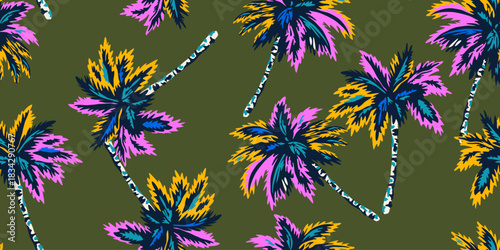 Tropical seamless pattern with hand drawn palm trees. Hawaiian florals summer background for fabric, textiles, clothing, poster, cover, decoration, banner, wallpaper, interior. Vector illustration.