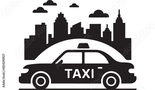 Taxi cab vector illustration with city skyline silhouette black and white design for transportation and urban travel concepts