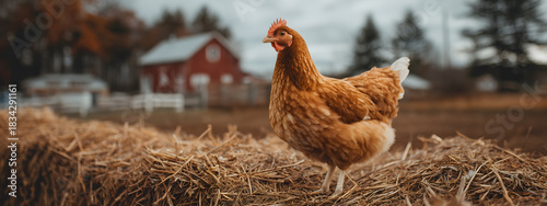 Brown hen standing prominently on a rustic haystack with a blurred red farm barn