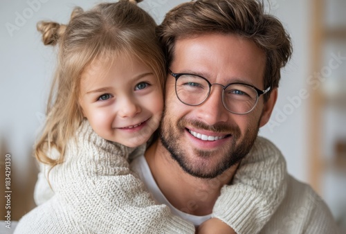 a happy father with his little daughter sitting on his shoulders at home, having fun and smiling while looking at the camera