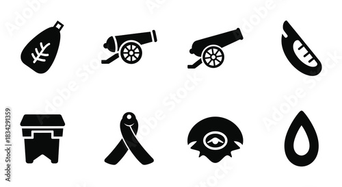 Collection of simple black icons depicting treasure weapons and various objects