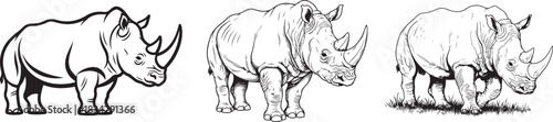 Detailed black and white illustration of a rhinoceros standing, Detailed line drawing of a majestic rhinoceros standing proudly...