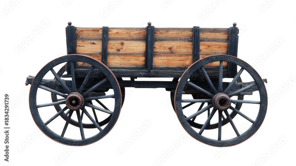 Fototapeta premium Old wooden wagon with large spoked wheels, rustic and vintage style, isolated on transparency background, evokes nostalgia and rural charm, perfect for farm or countryside themes