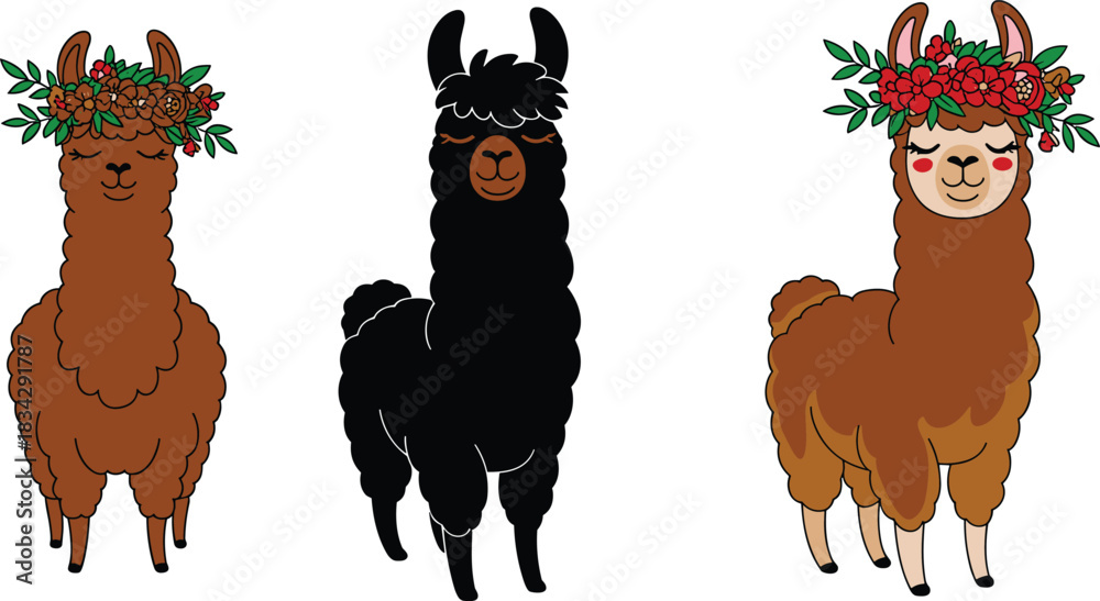 Fototapeta premium Cute floral-crowned llamas illustration, adorable alpaca characters, kawaii farm animal art, boho style décor design, charming cartoon llama set
