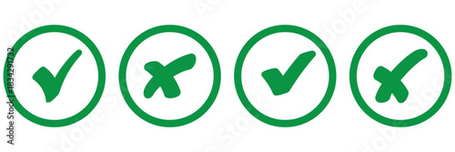 Set of green checkmark, red cross, x mark icon, flat rounded right and wrong sign concept vector illustration. tick mark symbol and x cross icon