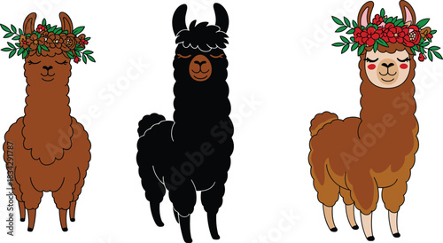 Cute floral-crowned llamas illustration, adorable alpaca characters, kawaii farm animal art, boho style décor design, charming cartoon llama set