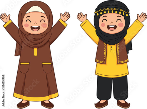 Happy, Cheerful Muslim or Middle Eastern Kids Vector Illustration Waving Arms, Dressed in Traditional Cultural Clothing with Hijab and Thobe or Vest