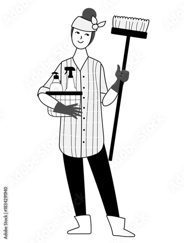 Ecologist woman holding broom and recycle bin. Earth Day, recycling and clean up concept. Simple flat graphic vector illustration