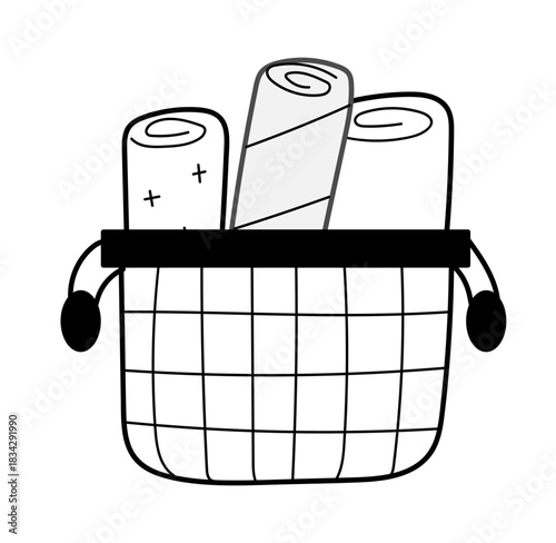 Wicker basket with rolled towels icon. Laundry and cleaning concept. Simple line art symbol. Vector illustration for home, bathroom, spa