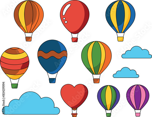 Colorful hot air balloon collection, cartoon sky elements, playful travel illustration, whimsical balloons and clouds, bright adventure-themed graphic set