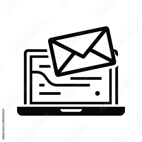 Black laptop with envelope icon on screen and coming out computer email