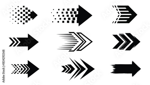 A collection of nine black arrow graphics pointing to the right, each with a unique design.
