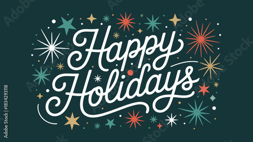 Happy Holidays hand-lettered script surrounded by colorful retro starburst shapes on a dark background, ideal for festive greeting cards, winter decor and seasonal designs