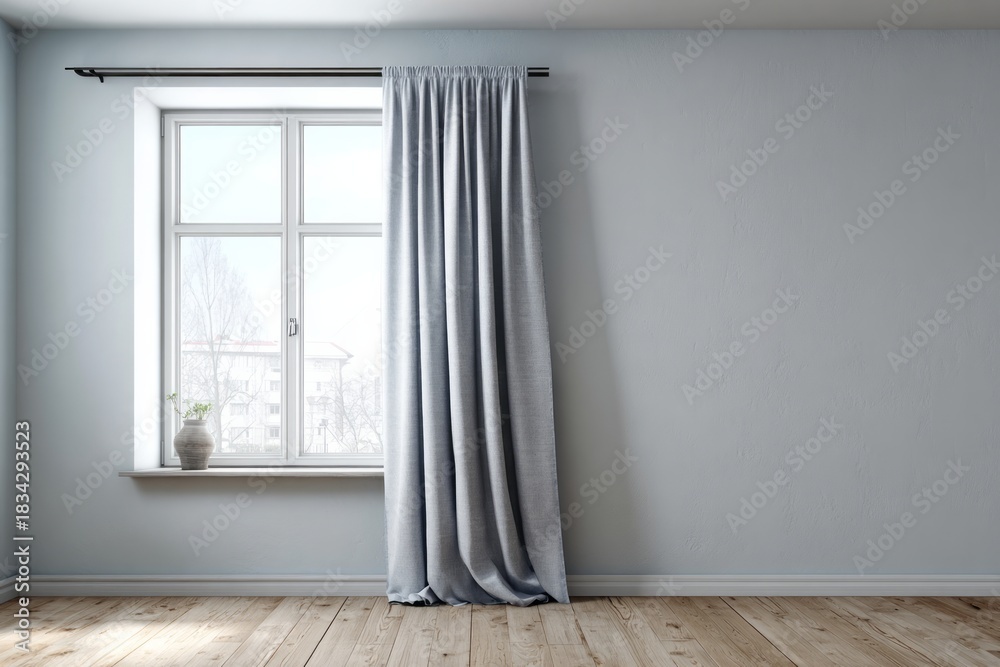 Fototapeta premium Interior room features a light blue wall, wooden floor, and window with soft gray drapery