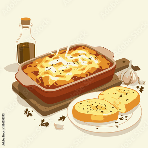 A colorful illustration showcasing a baking dish of hot baked pasta topped with melted cheese and garnished with herbs, accompanied by toasted garlic bread slices and a small bottle of oil.