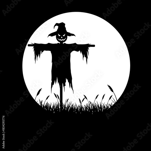 Black and white silhouette of a scarecrow standing in a field under a full moon. Spooky Halloween design with a rural, night time setting.
