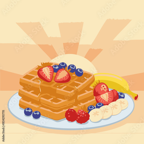 Delicious stack of waffles topped with fresh berries and drizzled with honey, served on a plate with sliced bananas. Colorful breakfast treat for a family meal in a sunny breakfast setting.