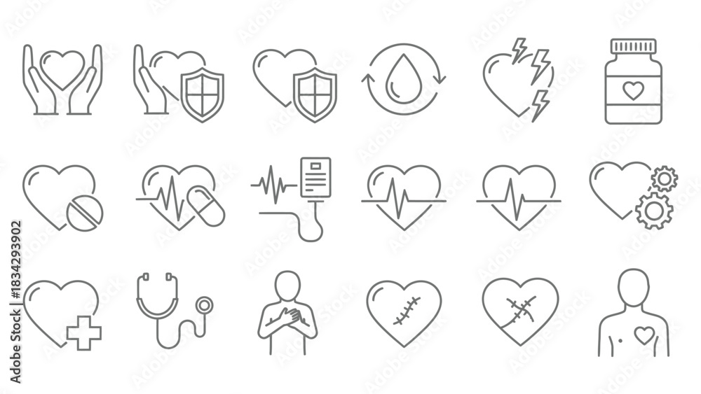 Fototapeta premium A collection of line art icons representing heart health and medical concepts.