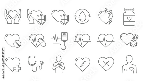 A collection of line art icons representing heart health and medical concepts.