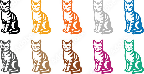 Ten colorful striped cat icons in two rows cat feline animal pet icon silhouette, Striped cat icon set in two rows for design