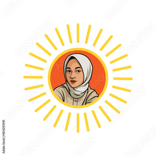 close-up portrait of a female character with an Islamic veil, headscarf, hijab, chador. round, circle avatar icon for social media, user profile, website, app. Line cartoon style. vector illustration.