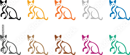 Ten colorful stylized cat icons in two rows cat feline animal pet icon silhouette, Vibrant cat silhouettes arranged in two rows