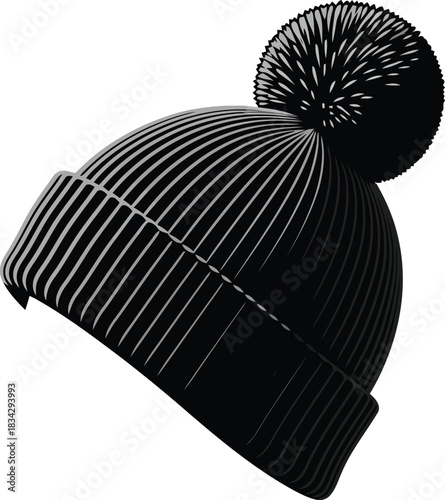 Black beanie hat with pom pom - winter fashion accessory