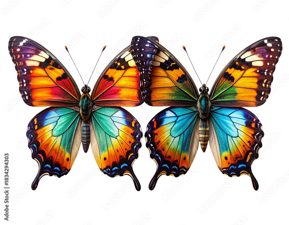 Obraz premium - Pair of colorful butterflies side-by-side, top-view wings spread, isolated on white PNG